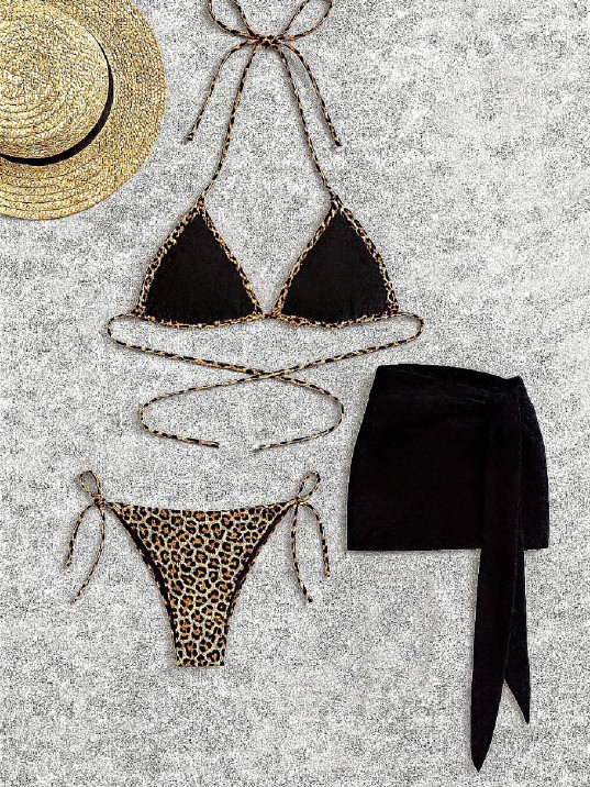 Kadın Siyah Ve Leopar Desenli Pareolu 3'lü Bikini Takımı – Modern, Konforlu Ve Günlük Kombinlere Uygun