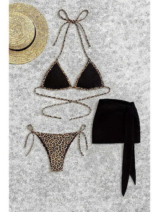 Kadın Siyah Ve Leopar Desenli Pareolu 3'lü Bikini Takımı – Modern, Konforlu Ve Günlük Kombinlere Uygun Kadın Siyah Ve Leopar Desenli Pareolu 3'lü Bikini Takımı – Modern, Konforlu Ve Günlük Kombinlere Uygun