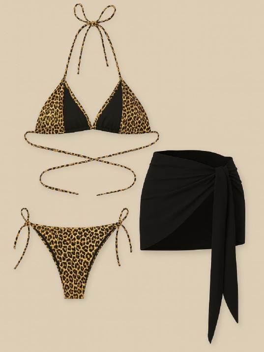 Kadın Siyah Ve Leopar Desenli Pareolu 3'lü Bikini Takımı – Modern, Konforlu Ve Günlük Kombinlere Uygun