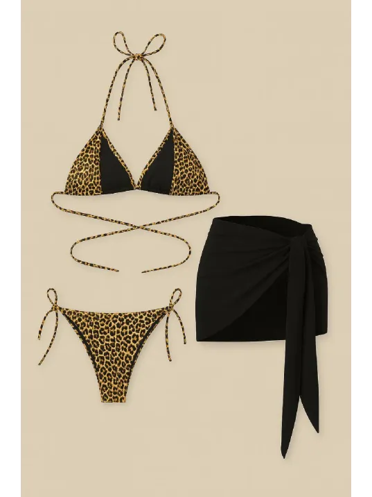 Kadın Siyah Ve Leopar Desenli Pareolu 3'lü Bikini Takımı – Modern, Konforlu Ve Günlük Kombinlere Uygun