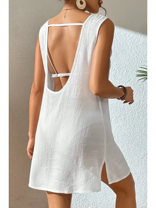 Kadın Beyaz Sırt Detaylı Yırtmaçlı Plaj Elbisesi Pareo – Şık, Rahat Ve 4 Mevsim Kullanıma Uygun