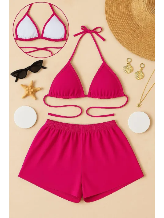 Kadın Fuşya Şortlu Belden Ve Boyundan Bağlamalı Bikini Takımı – Modern, Konforlu Ve Günlük Kombinlere Uygun