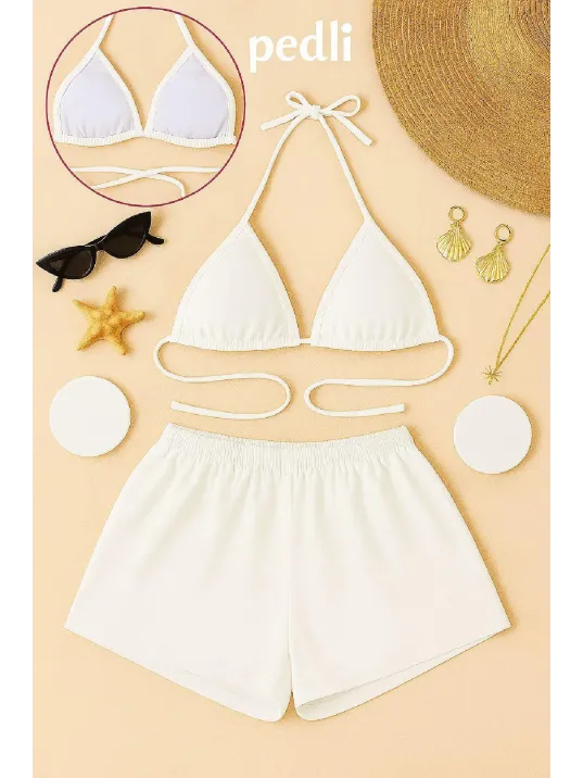 Kadın Beyaz Şortlu Belden Ve Boyundan Bağlamalı Bikini Takımı – Modern, Konforlu Ve Günlük Kombinlere Uygun