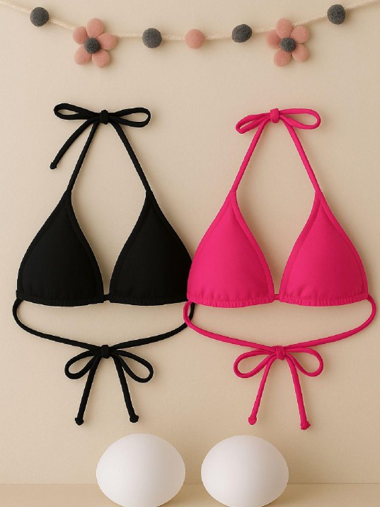 Kadın Siyah ve Fuşya Minimal Kesim Üçgen Bikini Üstü – Modern ve Şık Tasarım