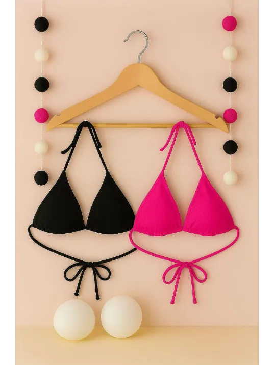 Kadın Siyah Ve Fuşya Minimal Kesim Üçgen Bikini Üstü – Modern Ve Şık Tasarım