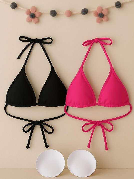 Kadın Siyah Ve Fuşya Minimal Kesim Üçgen Bikini Üstü – Modern Ve Şık Tasarım