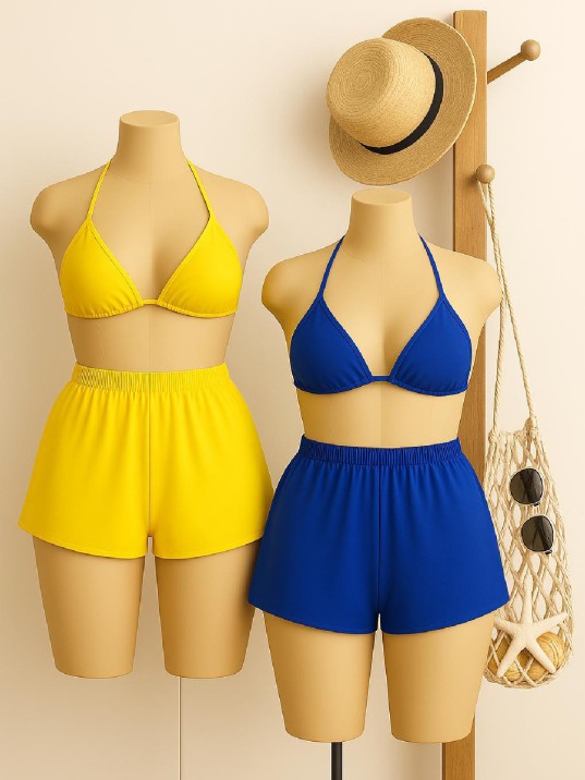 Kadın Sarı ve Mavi Şortlu Belden ve Boyundan Bağlamalı Bikini Takımı – Modern, Konforlu ve Günlük Kombinlere Uygun