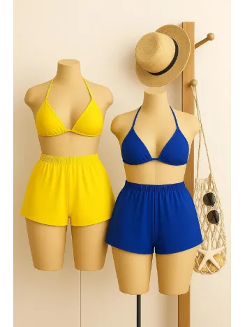 Kadın Sarı Ve Mavi Şortlu Belden Ve Boyundan Bağlamalı Bikini Takımı – Modern, Konforlu Ve Günlük Kombinlere Uygun