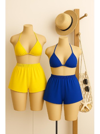 Kadın Sarı Ve Mavi Şortlu Belden Ve Boyundan Bağlamalı Bikini Takımı – Modern, Konforlu Ve Günlük Kombinlere Uygun