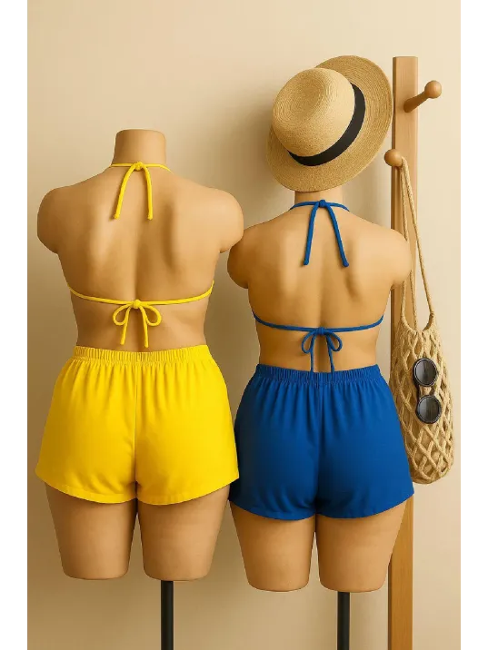 Kadın Sarı Ve Mavi Şortlu Belden Ve Boyundan Bağlamalı Bikini Takımı – Modern, Konforlu Ve Günlük Kombinlere Uygun