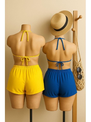 Kadın Sarı Ve Mavi Şortlu Belden Ve Boyundan Bağlamalı Bikini Takımı – Modern, Konforlu Ve Günlük Kombinlere Uygun