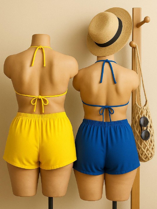 Kadın Sarı Ve Mavi Şortlu Belden Ve Boyundan Bağlamalı Bikini Takımı – Modern, Konforlu Ve Günlük Kombinlere Uygun Kadın Sarı Ve Mavi Şortlu Belden Ve Boyundan Bağlamalı Bikini Takımı – Modern, Konforlu Ve Günlük Kombinlere Uygun