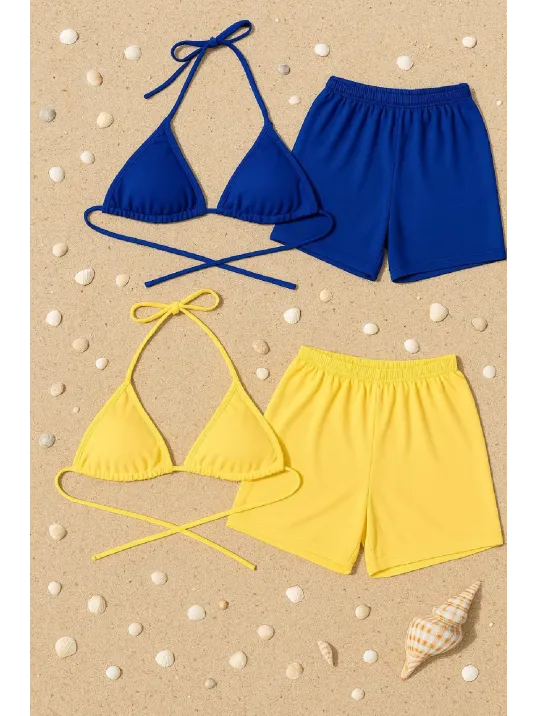 Kadın Sarı Ve Mavi Şortlu Belden Ve Boyundan Bağlamalı Bikini Takımı – Modern, Konforlu Ve Günlük Kombinlere Uygun