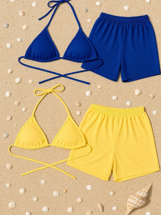 Kadın Sarı ve Mavi Şortlu Belden ve Boyundan Bağlamalı Bikini Takımı – Modern, Konforlu ve Günlük Kombinlere Uygun