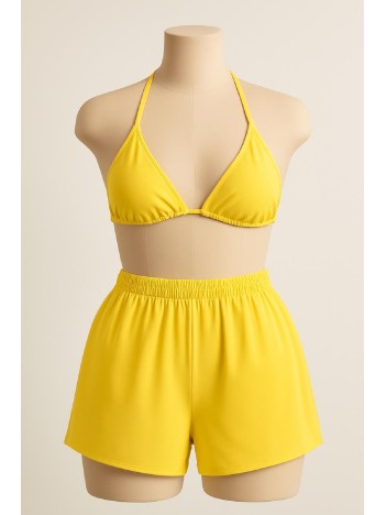 Kadın Sarı Şortlu Belden ve Boyundan Bağlamalı Bikini Takımı – Modern, Konforlu ve Günlük Kombinlere Uygun
