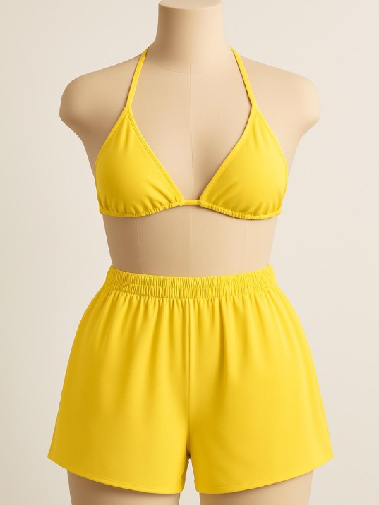 Kadın Sarı Şortlu Belden ve Boyundan Bağlamalı Bikini Takımı – Modern, Konforlu ve Günlük Kombinlere Uygun Kadın Sarı Şortlu Belden ve Boyundan Bağlamalı Bikini Takımı – Modern, Konforlu ve Günlük Kombinlere Uygun
