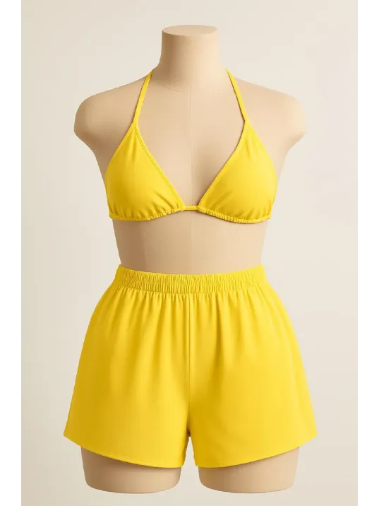 Kadın Sarı Şortlu Belden Ve Boyundan Bağlamalı Bikini Takımı – Modern, Konforlu Ve Günlük Kombinlere Uygun