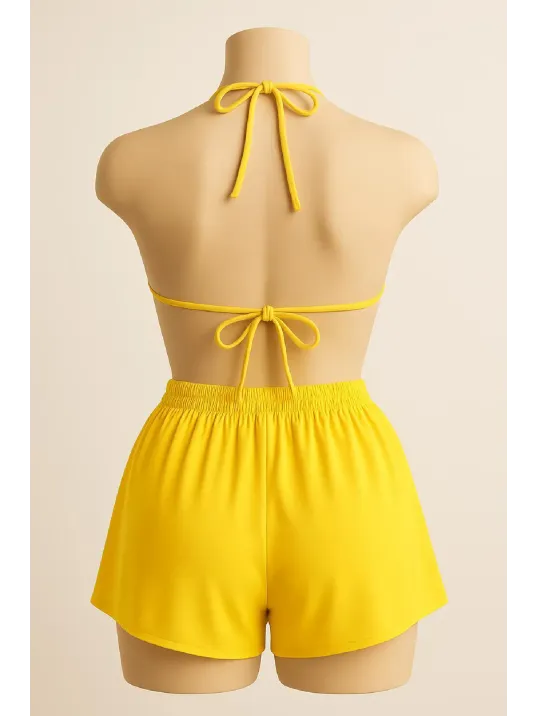 Kadın Sarı Şortlu Belden Ve Boyundan Bağlamalı Bikini Takımı – Modern, Konforlu Ve Günlük Kombinlere Uygun