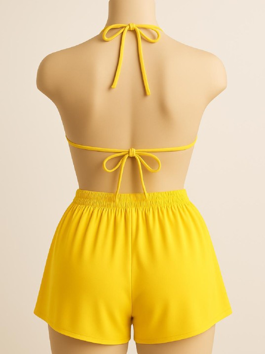 Kadın Sarı Şortlu Belden ve Boyundan Bağlamalı Bikini Takımı – Modern, Konforlu ve Günlük Kombinlere Uygun Kadın Sarı Şortlu Belden ve Boyundan Bağlamalı Bikini Takımı – Modern, Konforlu ve Günlük Kombinlere Uygun