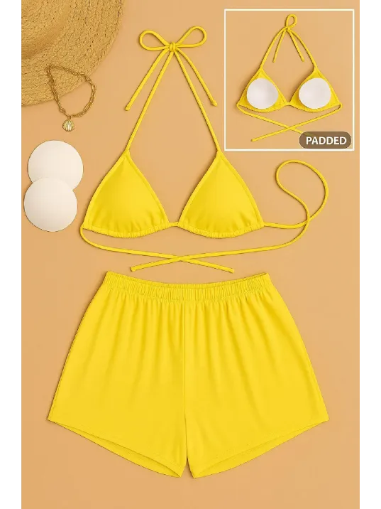 Kadın Sarı Şortlu Belden Ve Boyundan Bağlamalı Bikini Takımı – Modern, Konforlu Ve Günlük Kombinlere Uygun