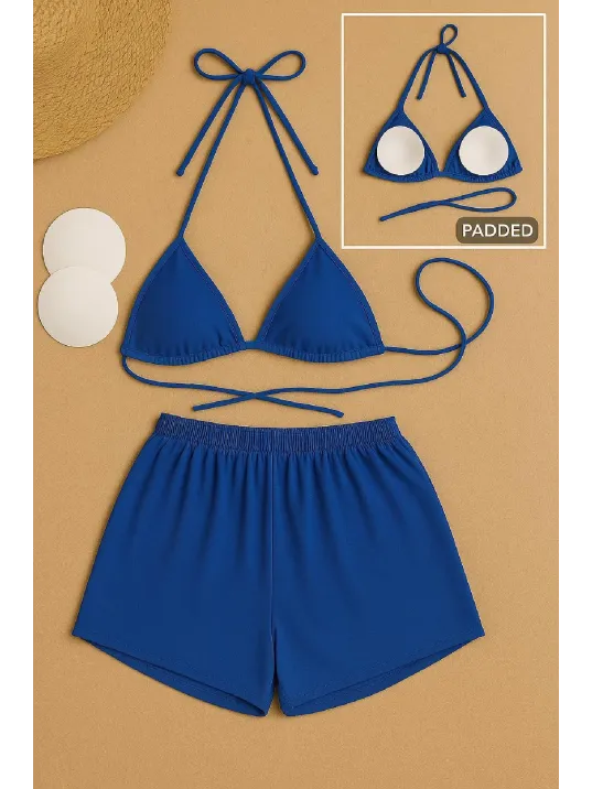 Kadın Mavi Şortlu Belden Ve Boyundan Bağlamalı Bikini Takımı – Modern, Konforlu Ve Günlük Kombinlere Uygun