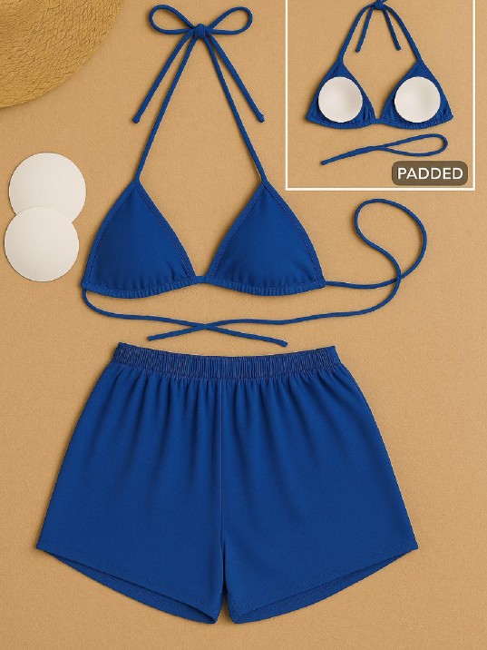 Kadın Mavi Şortlu Belden Ve Boyundan Bağlamalı Bikini Takımı – Modern, Konforlu Ve Günlük Kombinlere Uygun