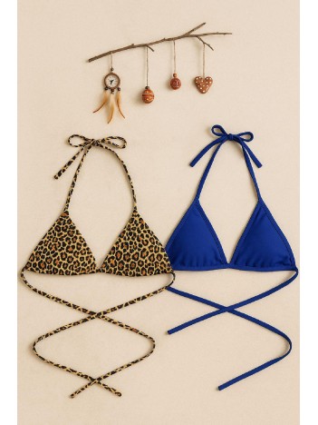 Kadın Leopar Desenli Ve Mavi Minimal Kesim Üçgen Bikini Üstü – Modern Ve Şık Tasarım