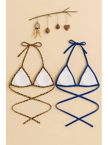 Kadın Leopar Desenli Ve Mavi Minimal Kesim Üçgen Bikini Üstü – Modern Ve Şık Tasarım
