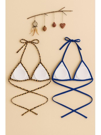 Kadın Leopar Desenli ve Mavi Minimal Kesim Üçgen Bikini Üstü – Modern ve Şık Tasarım