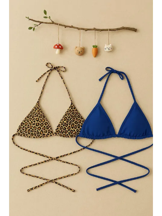 Kadın Leopar Desenli Ve Mavi Minimal Kesim Üçgen Bikini Üstü – Modern Ve Şık Tasarım