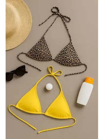 Kadın Leopar Desenli Ve Sarı Minimal Kesim Üçgen Bikini Üstü – Modern Ve Şık Tasarım