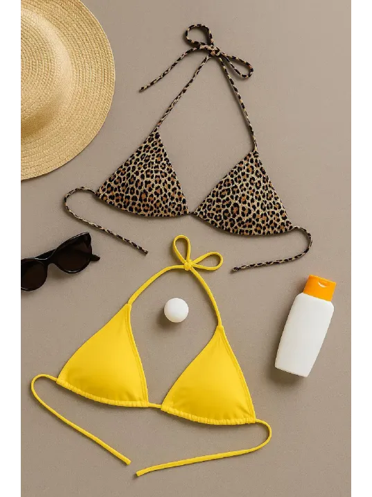 Kadın Leopar Desenli Ve Sarı Minimal Kesim Üçgen Bikini Üstü – Modern Ve Şık Tasarım