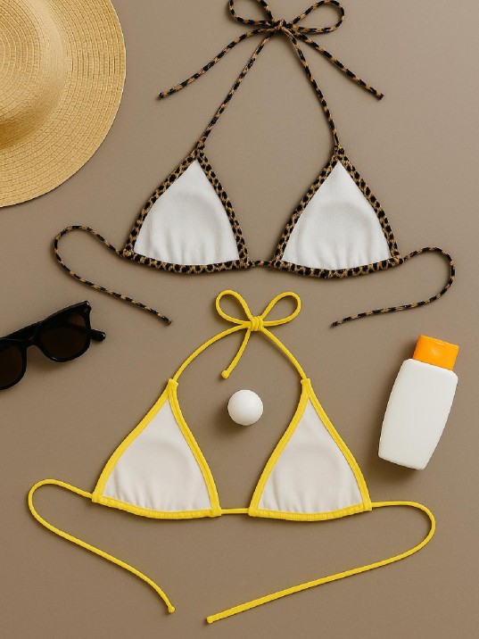 Kadın Leopar Desenli Ve Sarı Minimal Kesim Üçgen Bikini Üstü – Modern Ve Şık Tasarım