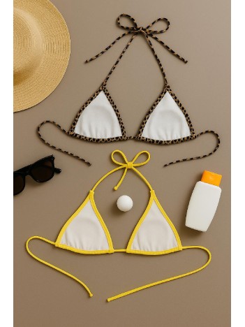 Kadın Leopar Desenli Ve Sarı Minimal Kesim Üçgen Bikini Üstü – Modern Ve Şık Tasarım