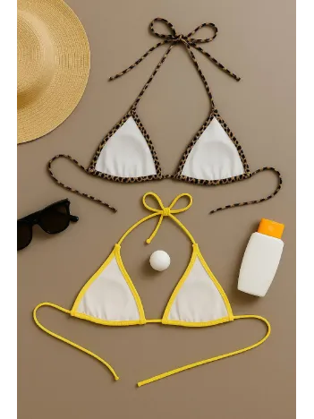 Kadın Leopar Desenli Ve Sarı Minimal Kesim Üçgen Bikini Üstü – Modern Ve Şık Tasarım