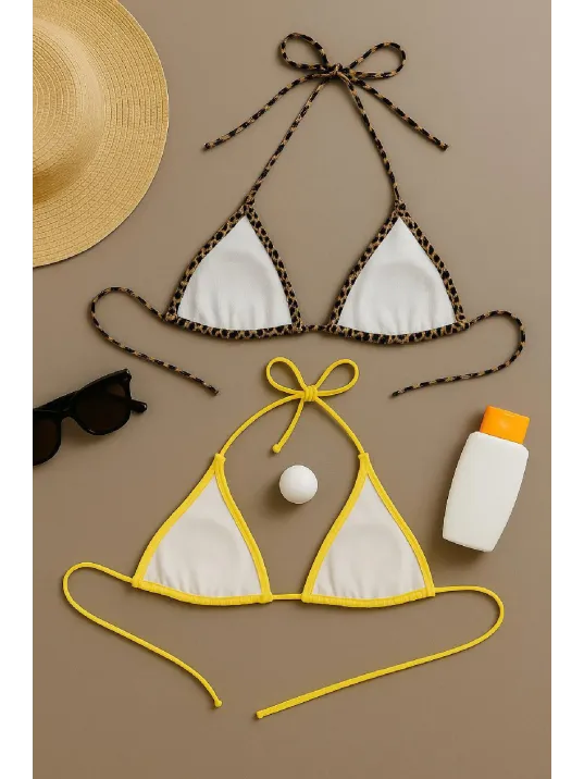 Kadın Leopar Desenli Ve Sarı Minimal Kesim Üçgen Bikini Üstü – Modern Ve Şık Tasarım