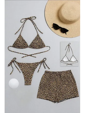 Kadın 3'lü Set Leopar Desenli Şortlu Ve Yandan Bağlamalı Bikini Mayo Takımı – Modern, Konforlu Ve Günlük Kombinlere Uygun Kadın 3'lü Set Leopar Desenli Şortlu Ve Yandan Bağlamalı Bikini Mayo Takımı – Modern, Konforlu Ve Günlük Kombinlere Uygun