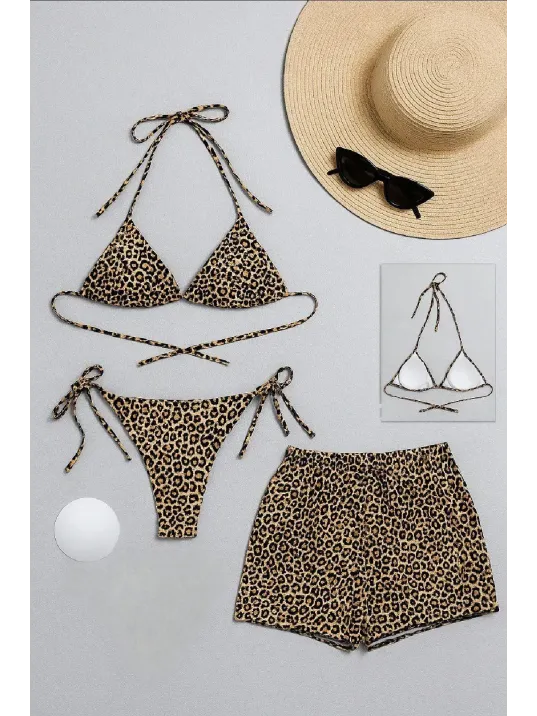 Kadın 3'lü Set Leopar Desenli Şortlu Ve Yandan Bağlamalı Bikini Mayo Takımı – Modern, Konforlu Ve Günlük Kombinlere Uygun