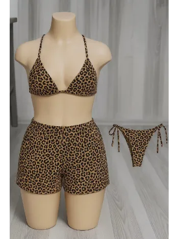 Kadın 3'lü Set Leopar Desenli Şortlu Ve Yandan Bağlamalı Bikini Mayo Takımı – Modern, Konforlu Ve Günlük Kombinlere Uygun