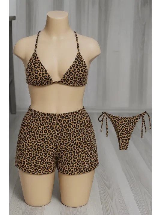 Kadın 3'lü Set Leopar Desenli Şortlu Ve Yandan Bağlamalı Bikini Mayo Takımı – Modern, Konforlu Ve Günlük Kombinlere Uygun