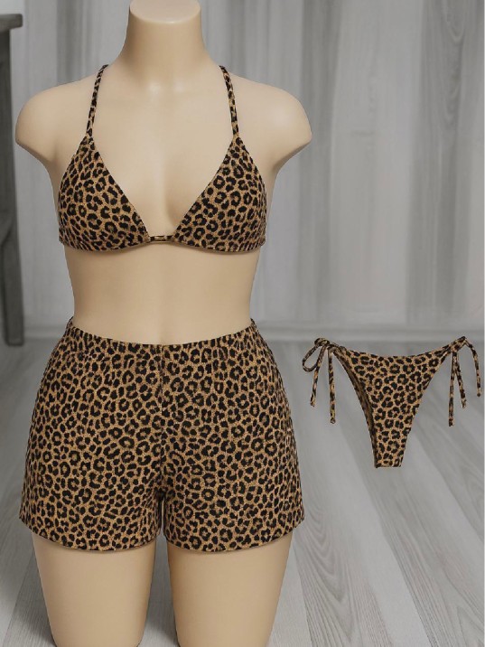 Kadın 3'lü Set Leopar Desenli Şortlu Ve Yandan Bağlamalı Bikini Mayo Takımı – Modern, Konforlu Ve Günlük Kombinlere Uygun Kadın 3'lü Set Leopar Desenli Şortlu Ve Yandan Bağlamalı Bikini Mayo Takımı – Modern, Konforlu Ve Günlük Kombinlere Uygun