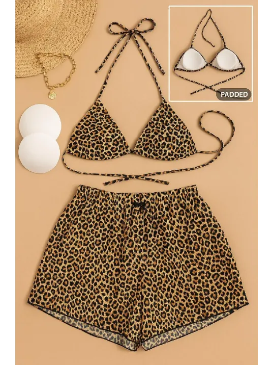 Kadın 3'lü Set Leopar Desenli Şortlu Ve Yandan Bağlamalı Bikini Mayo Takımı – Modern, Konforlu Ve Günlük Kombinlere Uygun