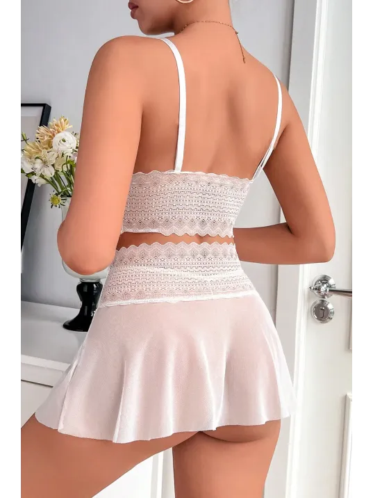 Kadın Beyaz Dantel Tül Detaylı Etekli Şık Gecelik Takımı – Modern, Konforlu