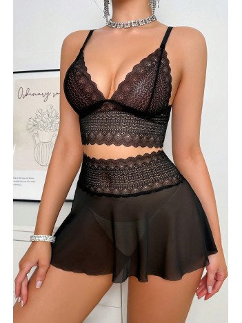 Kadın Siyah Dantel ve Tül Detaylı Etekli Şık Gecelik Takımı – Modern, Konforlu