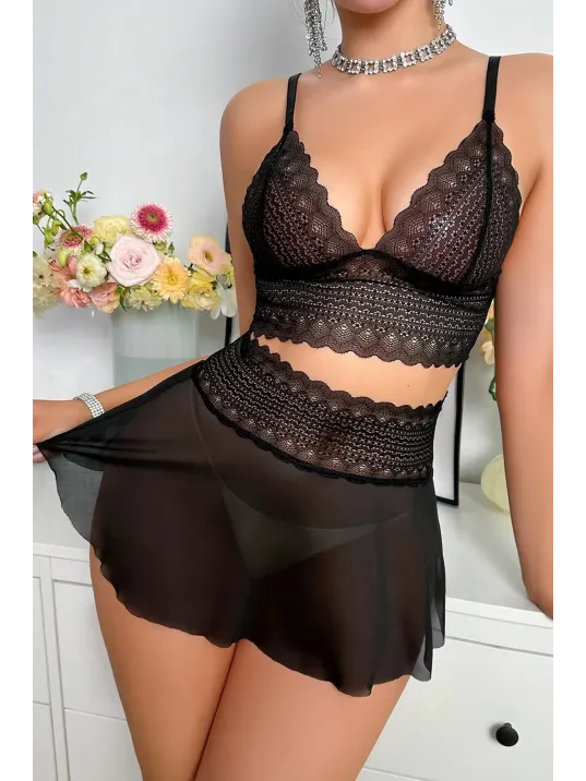 Kadın Siyah Dantel Ve Tül Detaylı Etekli Şık Gecelik Takımı – Modern, Konforlu