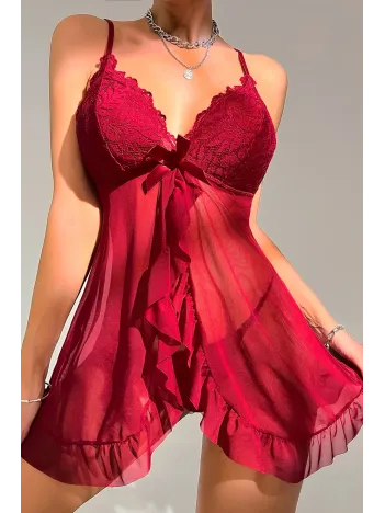 Kadın Bordo Dantelli, Fırfırlı Tül Ve Fiyonk Detaylı Tangalı Gecelik Takımı