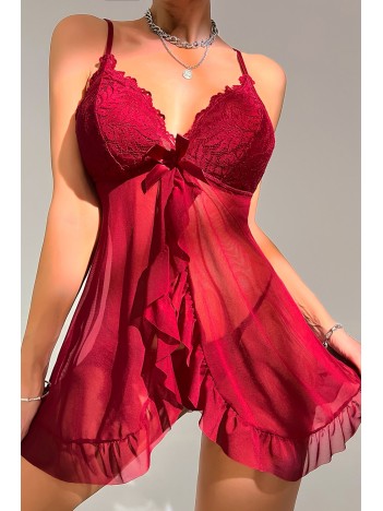 Kadın Bordo Dantelli, Fırfırlı Tül Ve Fiyonk Detaylı Tangalı Gecelik Takımı