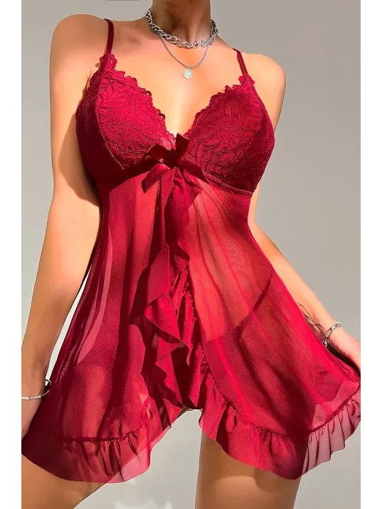 Kadın Bordo Dantelli, Fırfırlı Tül Ve Fiyonk Detaylı Tangalı Gecelik Takımı