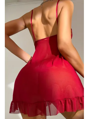 Kadın Bordo Dantelli, Fırfırlı Tül Ve Fiyonk Detaylı Tangalı Gecelik Takımı