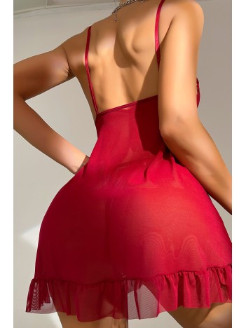 Kadın Bordo Dantelli, Fırfırlı Tül ve Fiyonk Detaylı Tangalı Gecelik Takımı